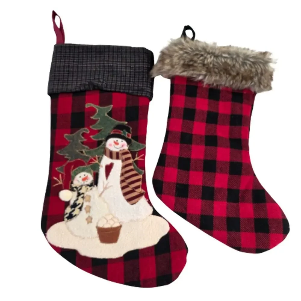 Plaid Christmas Stockings Set of 2 Snowman Applique Faux Fur Rustic Farmhouse